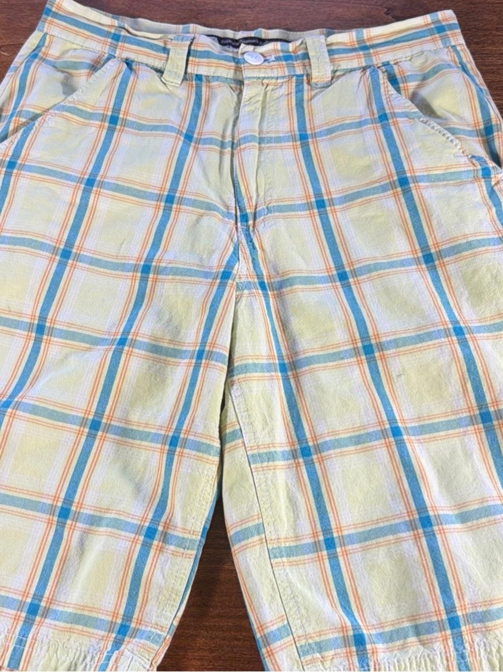 Vintage Y2K South Pole Yellow Plaid Flat Front Shorts with Blue & Orange Stripes